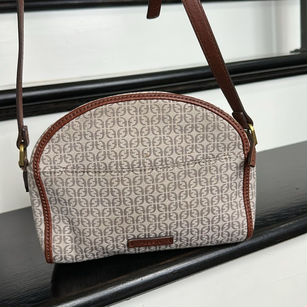 Fossil, genuine, leather signature canvas, Crossbody shoulder purse, neutral